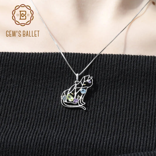 GEM'S BALLET 925 Sterling Silver Handmade Color Cat Pendant Necklace - Comes in Natural, Peridot, Amethyst, or Topaz Gemstone - Style Savvy Collections