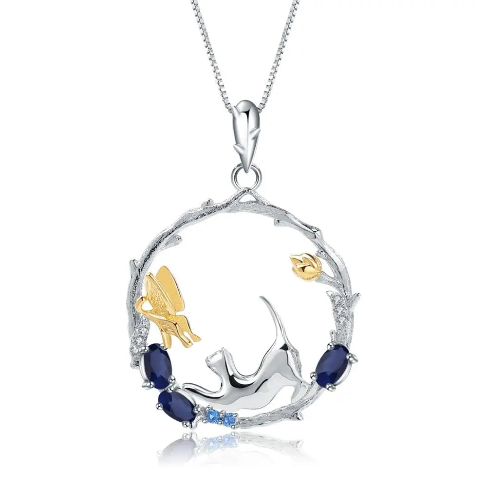 GEM'S BALLET 0.84Ct Natural Blue Sapphire 925 Sterling Silver Handmade Cat & Butterfly Necklace - Style Savvy Collections