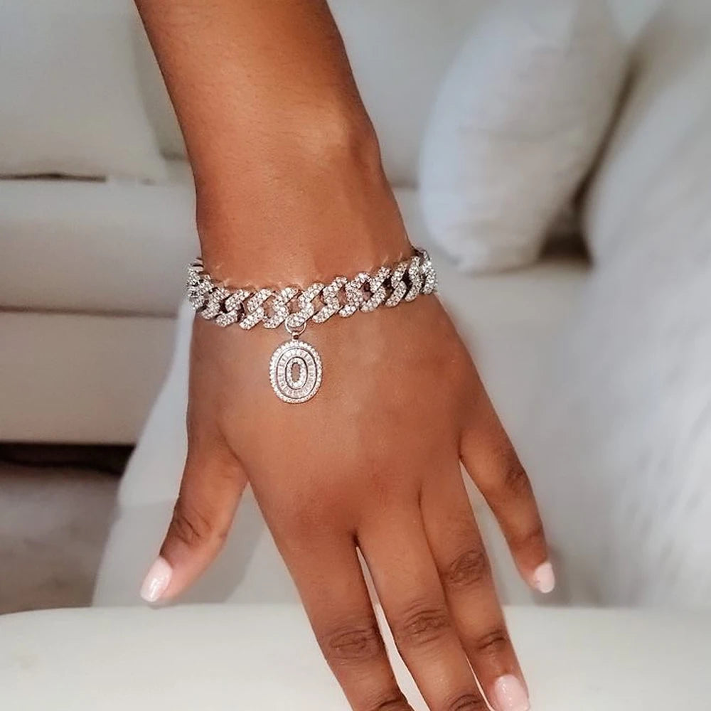 Hip Hop Miami Cuban Link Bracelet Iced Letter for Women Bling Bling Baguette Letter Bracelet A-Z I - Style Savvy Collections