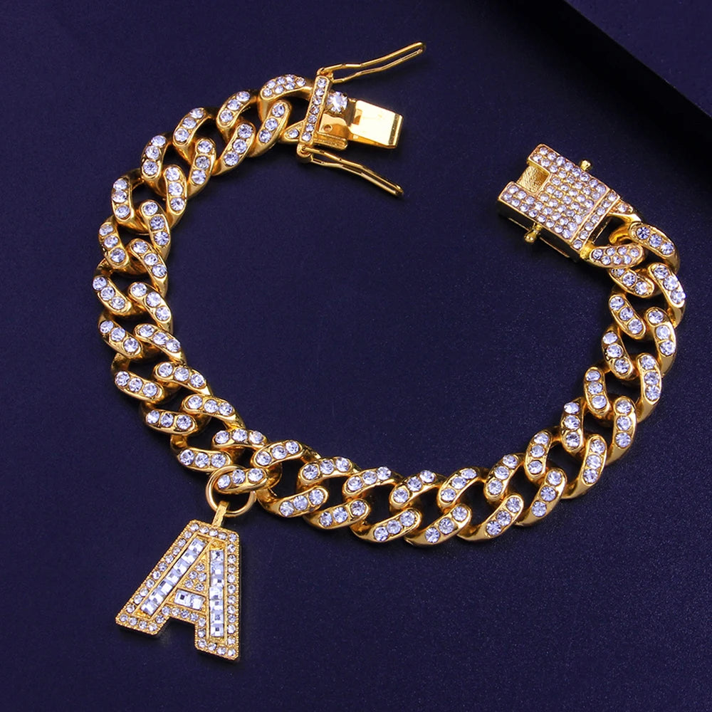 Hip Hop Miami Cuban Link Bracelet Iced Letter for Women Bling Bling Baguette Letter Bracelet A-Z I - Style Savvy Collections