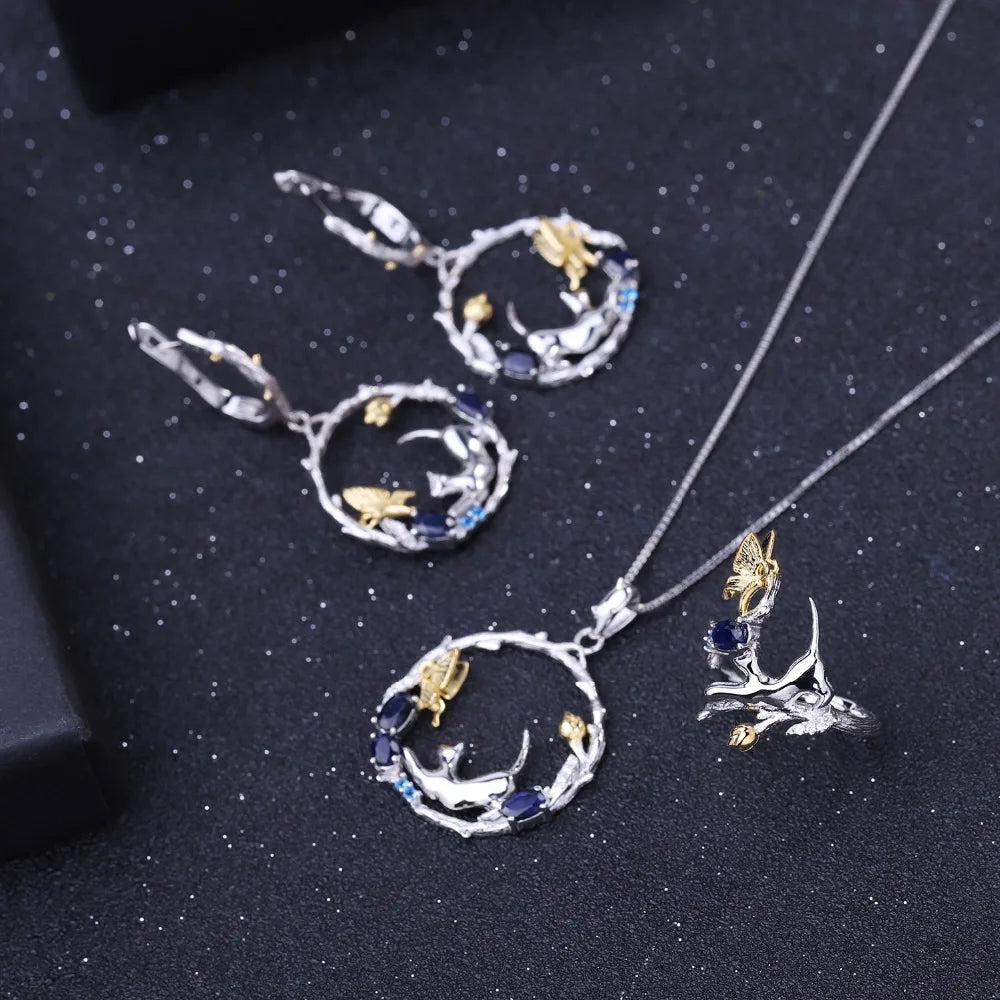 GEM'S BALLET 0.84Ct Natural Blue Sapphire 925 Sterling Silver Handmade Cat & Butterfly Necklace - Style Savvy Collections