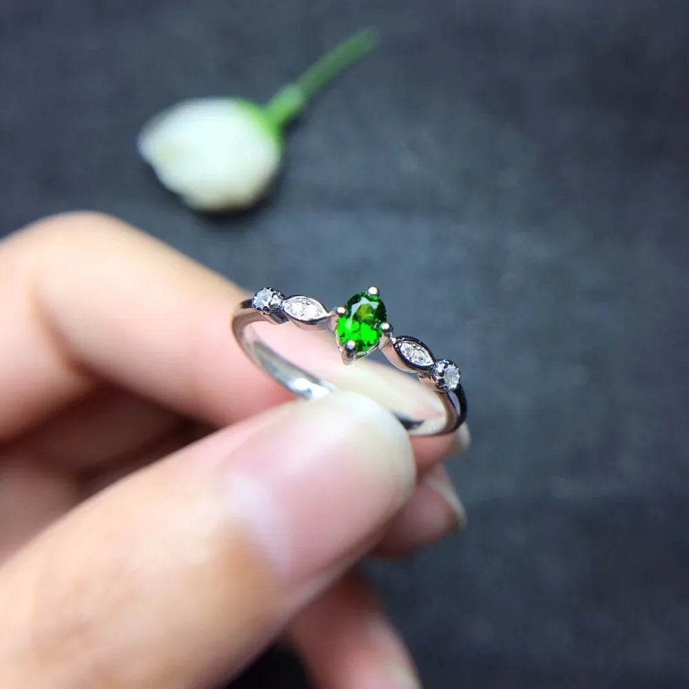 Women's Natural Diopside Rings for Lady , 925 Sterling Silver, 3*5mm*