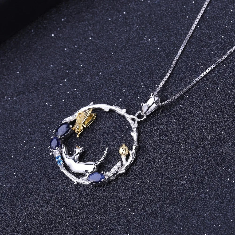 GEM'S BALLET 0.84Ct Natural Blue Sapphire 925 Sterling Silver Handmade Cat & Butterfly Necklace - Style Savvy Collections