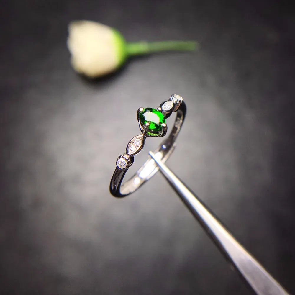 Women's Natural Diopside Rings for Lady , 925 Sterling Silver, 3*5mm*