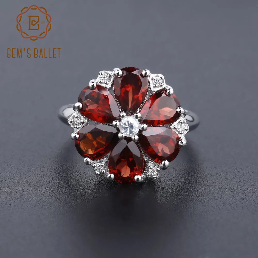 GEM'S BALLET 5.05Ct Natural Red Garnet Cocktail Flowers Ring - Style Savvy Collections