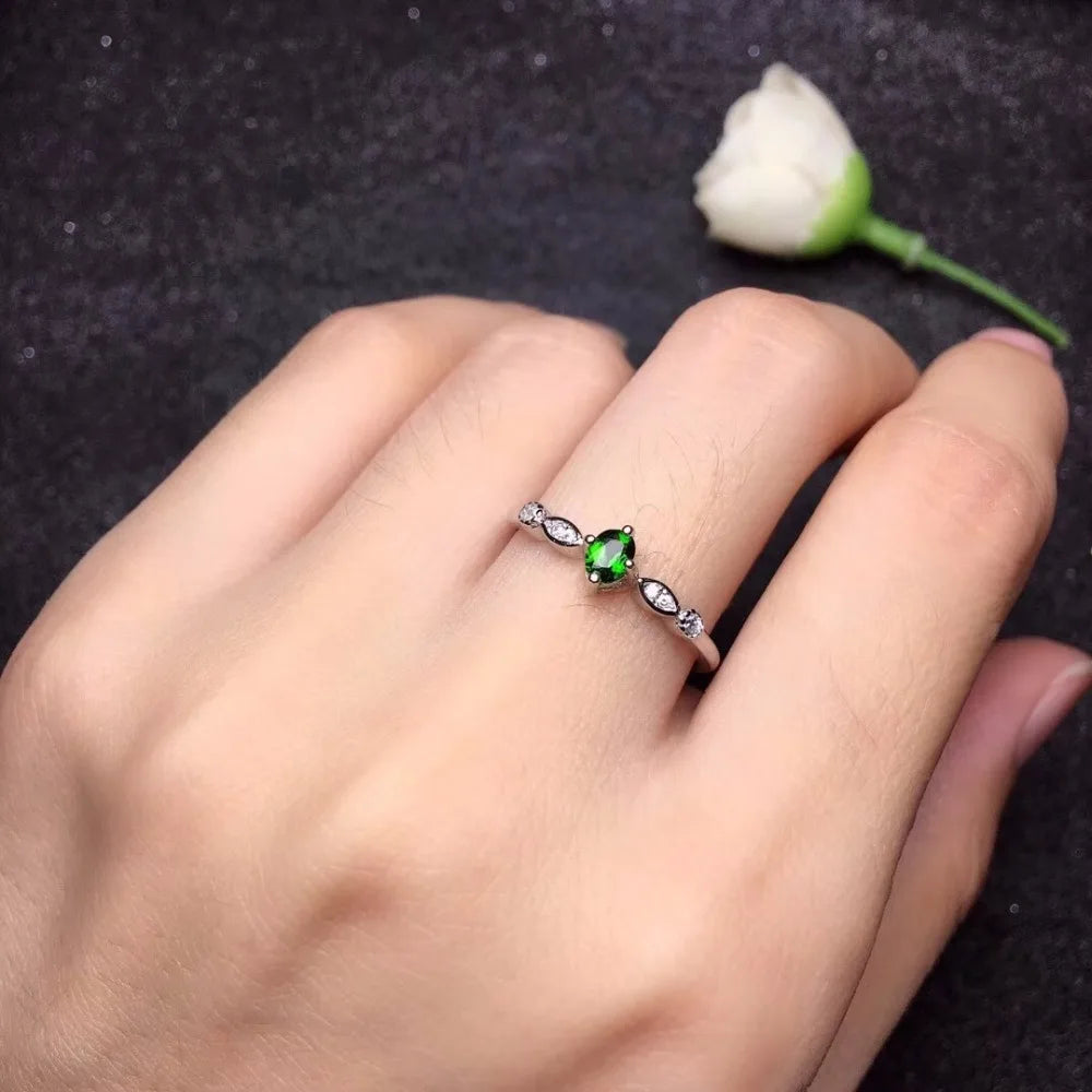 Women's Natural Diopside Rings for Lady , 925 Sterling Silver, 3*5mm*