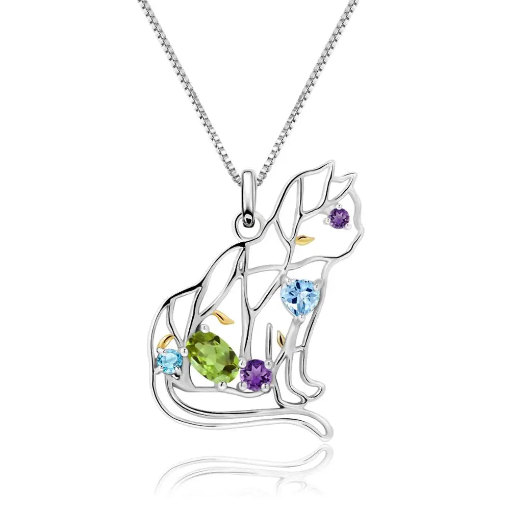 GEM'S BALLET 925 Sterling Silver Handmade Color Cat Pendant Necklace - Comes in Natural, Peridot, Amethyst, or Topaz Gemstone - Style Savvy Collections