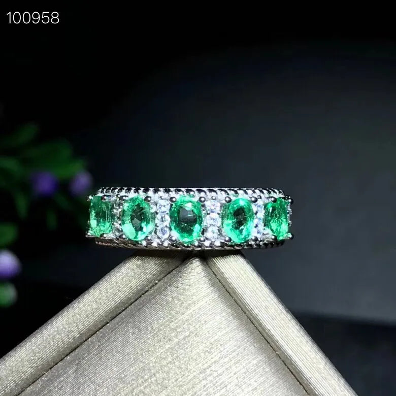 Uloveido Natural Emerald Ring, 925 Sterling Silver, Tested Pure Natural Gemstone, Crystal Birthstone with Certificate