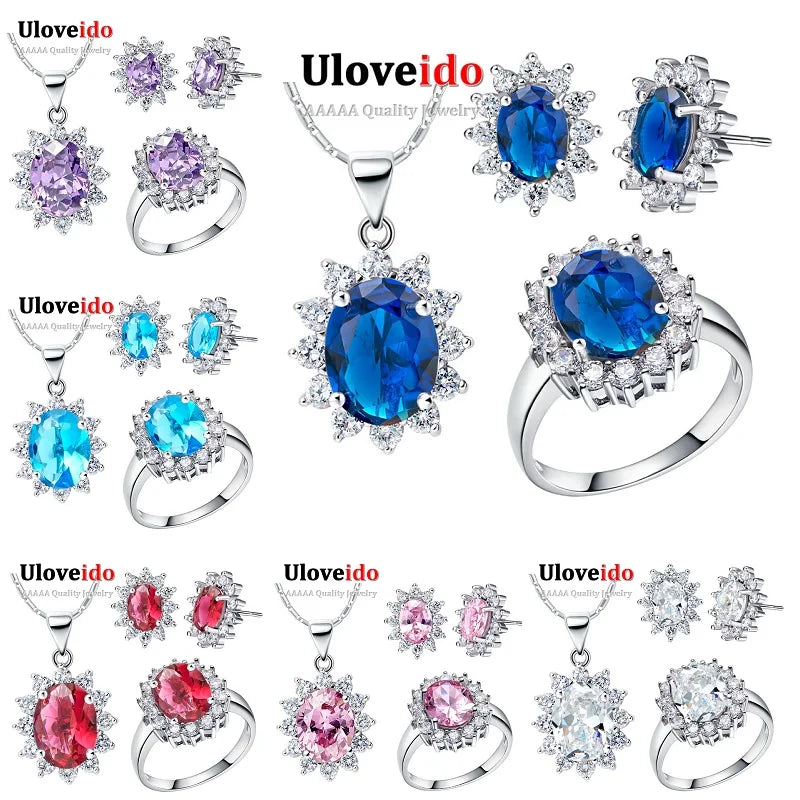 USA STOCK Uloveido Cubic Zirconia  Bijouterie Silver Flower Necklace, Earrings, and Ring