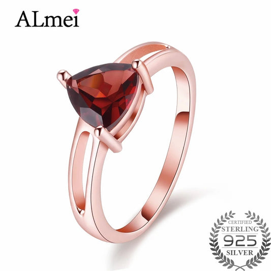 Almei Vintage Red Triangel Garnet Silver 925 Rings Rose Gold Color Genuine Stone Fine Jewelry