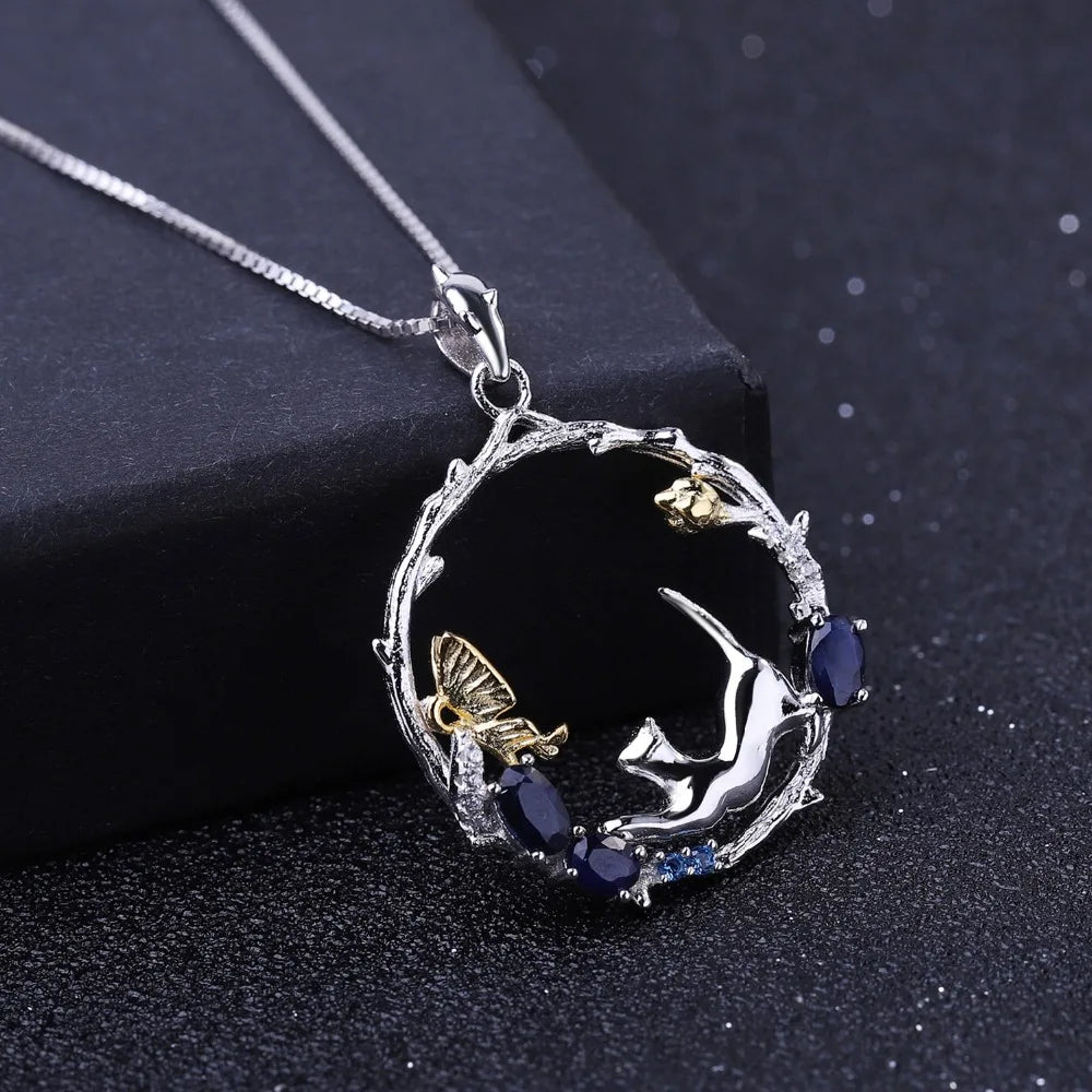 GEM'S BALLET 0.84Ct Natural Blue Sapphire 925 Sterling Silver Handmade Cat & Butterfly Necklace - Style Savvy Collections