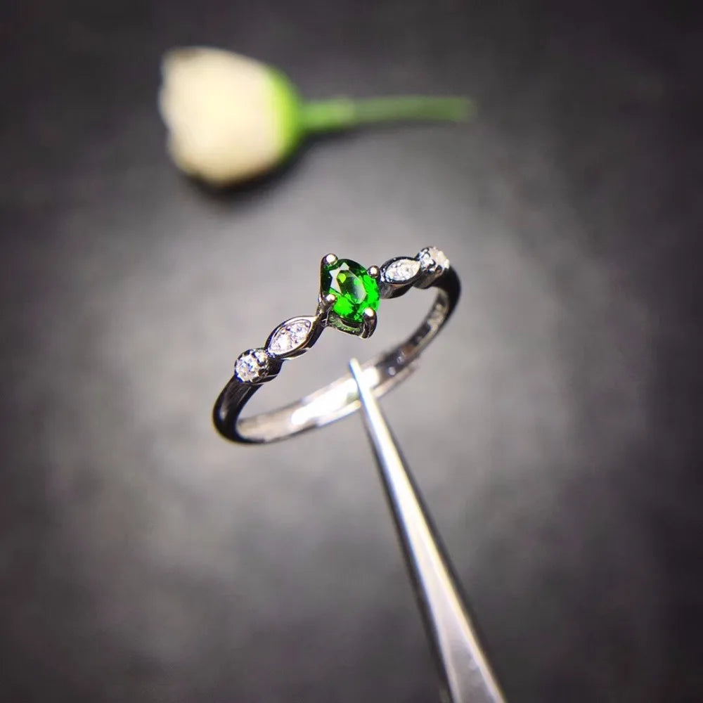 Women's Natural Diopside Rings for Lady , 925 Sterling Silver, 3*5mm*