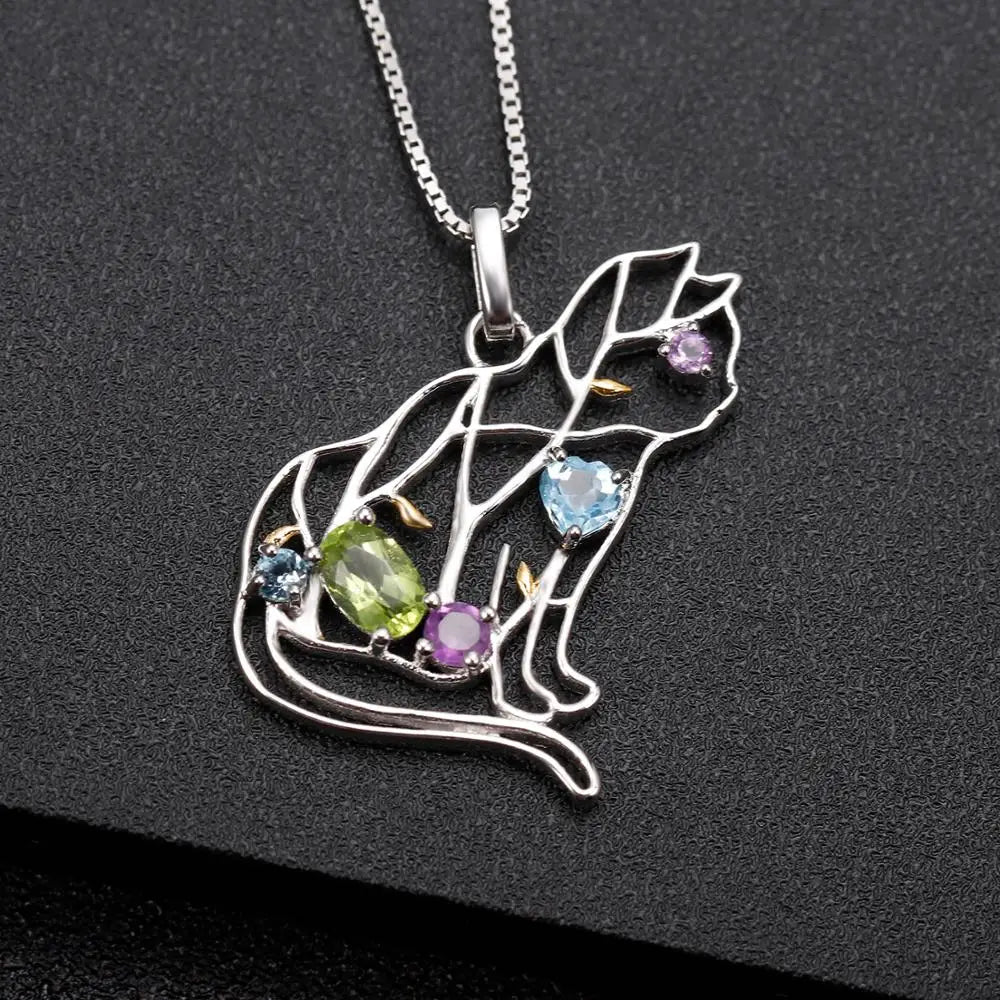 GEM'S BALLET 925 Sterling Silver Handmade Color Cat Pendant Necklace - Comes in Natural, Peridot, Amethyst, or Topaz Gemstone - Style Savvy Collections