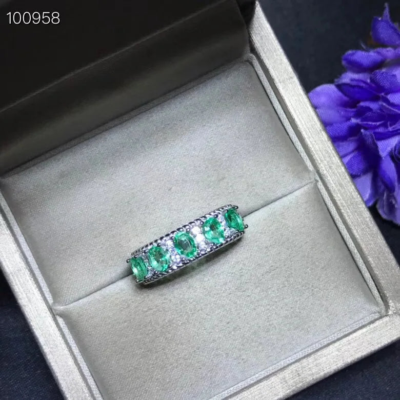 Uloveido Natural Emerald Ring, 925 Sterling Silver, Tested Pure Natural Gemstone, Crystal Birthstone with Certificate