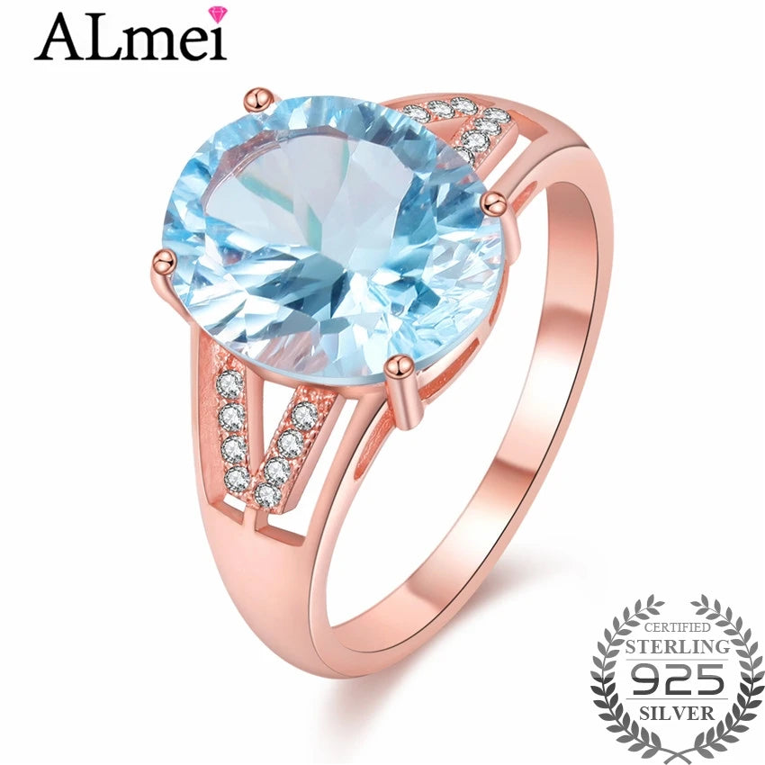 Women's Almei Light Blue Topaz Zircon Ring with CZ Stone 925 Sterling Silver Rose Gold