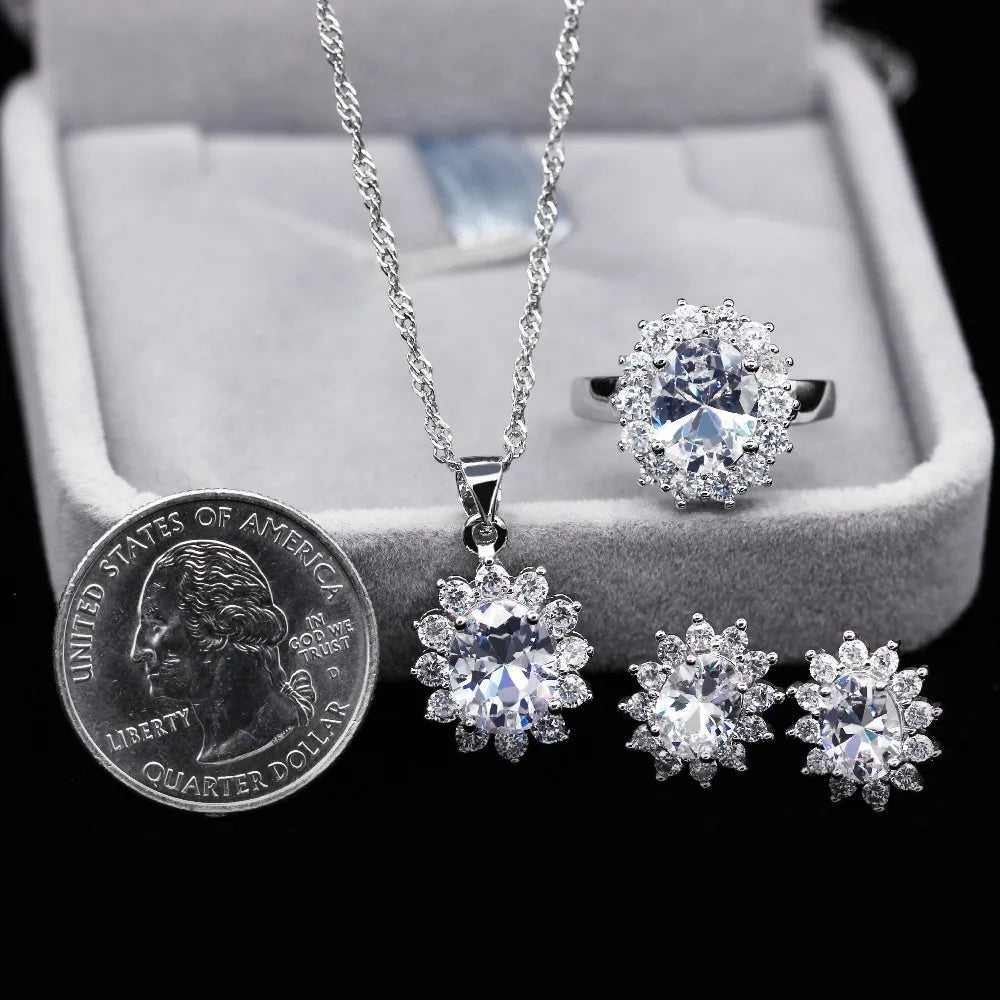 USA STOCK Uloveido Cubic Zirconia  Bijouterie Silver Flower Necklace, Earrings, and Ring