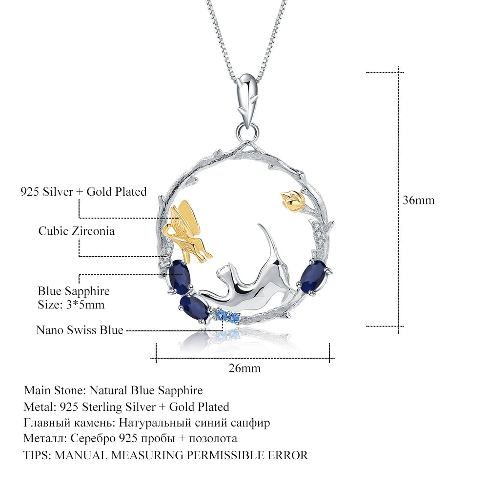 GEM'S BALLET 0.84Ct Natural Blue Sapphire 925 Sterling Silver Handmade Cat & Butterfly Necklace - Style Savvy Collections