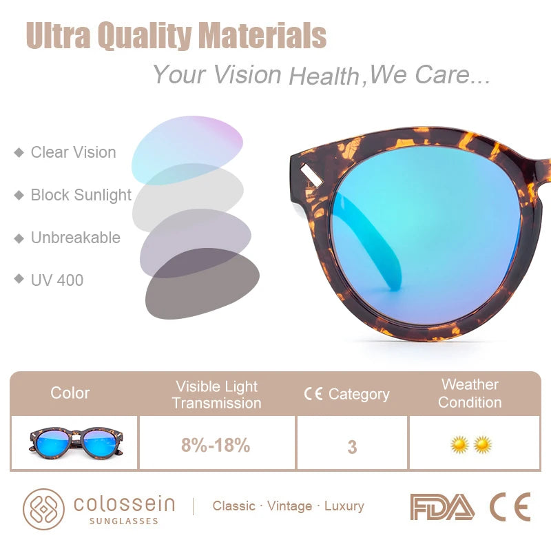 COLOSSEIN Vintage Sunglasses Tortoise Frame Blue Coating Round Glasses Unisex UV400 - Style Savvy Collections