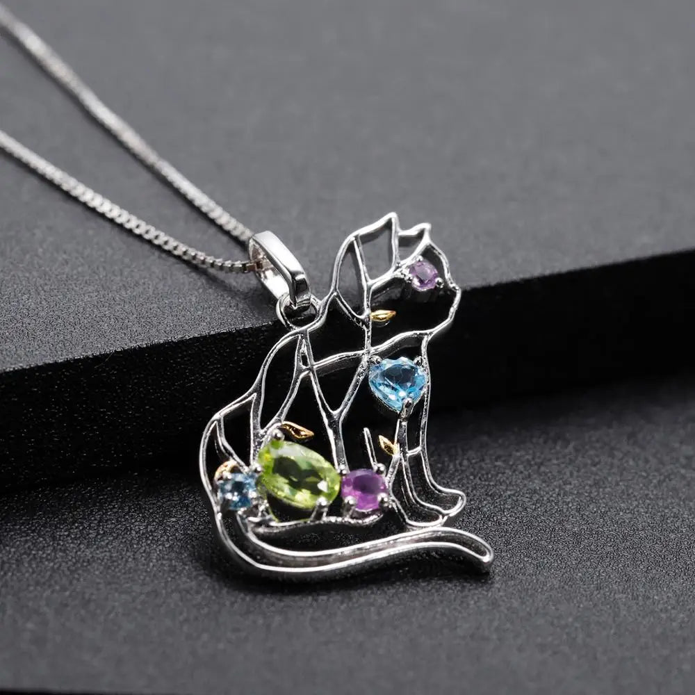 GEM'S BALLET 925 Sterling Silver Handmade Color Cat Pendant Necklace - Comes in Natural, Peridot, Amethyst, or Topaz Gemstone - Style Savvy Collections