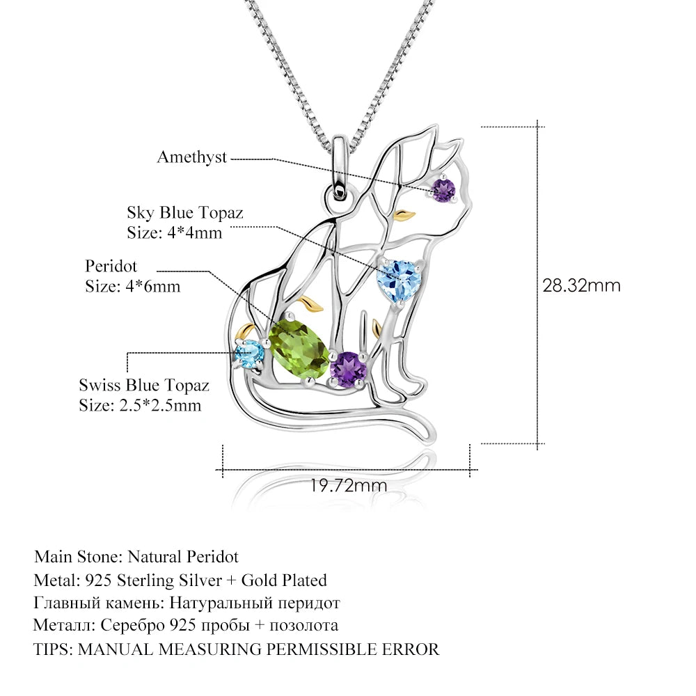 GEM'S BALLET 925 Sterling Silver Handmade Color Cat Pendant Necklace - Comes in Natural, Peridot, Amethyst, or Topaz Gemstone - Style Savvy Collections