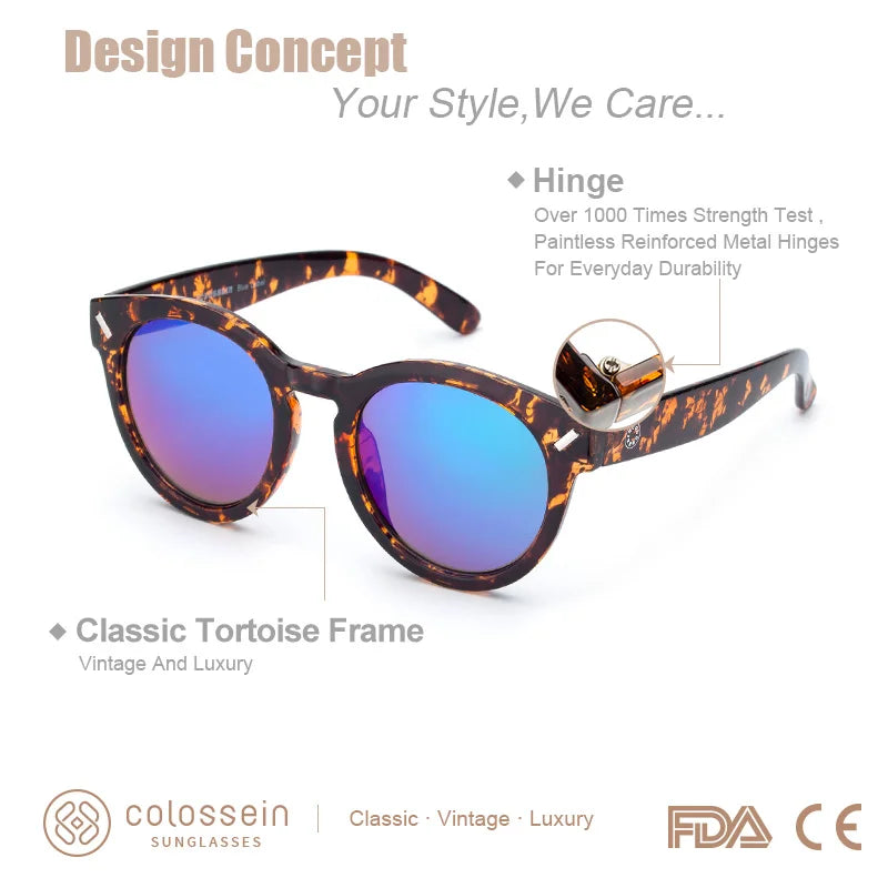 COLOSSEIN Vintage Sunglasses Tortoise Frame Blue Coating Round Glasses Unisex UV400 - Style Savvy Collections