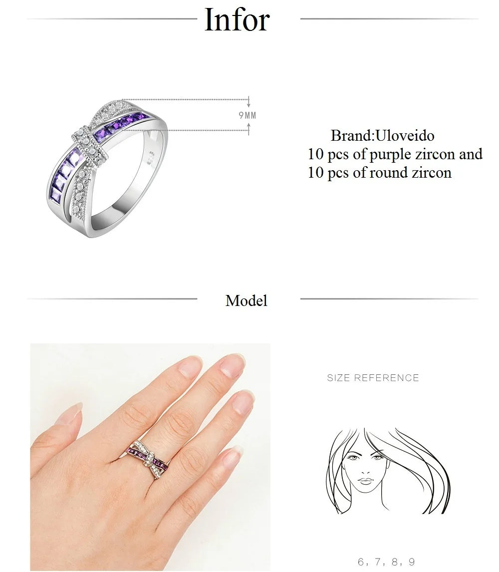 Uloveido Purple Crystal Wedding Band Rings