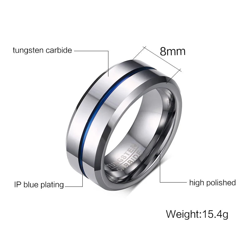 Newshe Men's Wedding Band Tungsten Rings Groove Ring Carbide Blue Line 8mm Size 7-13