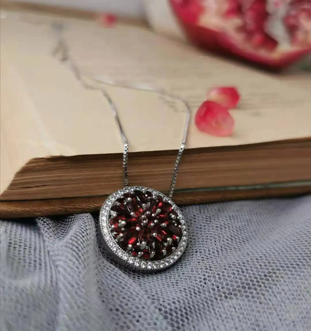 GEM'S BALLET Natural Red Garnet Gemstone Elegant Pendant 925 Sterling Silver Round - Style Savvy Collections