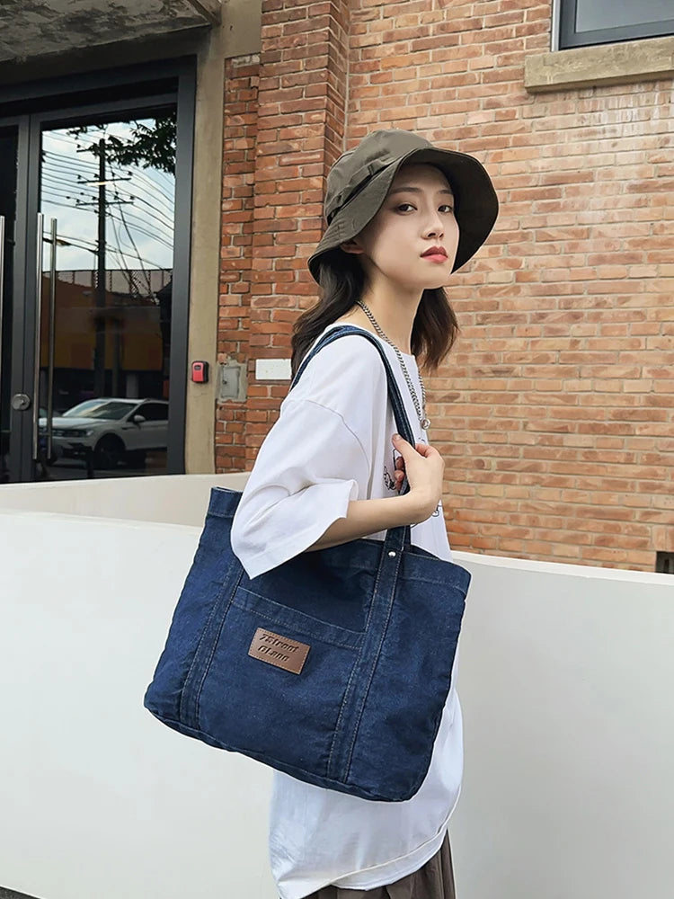 Women Vintage Tote Handbag Lightweight Denim Shoulder Bag