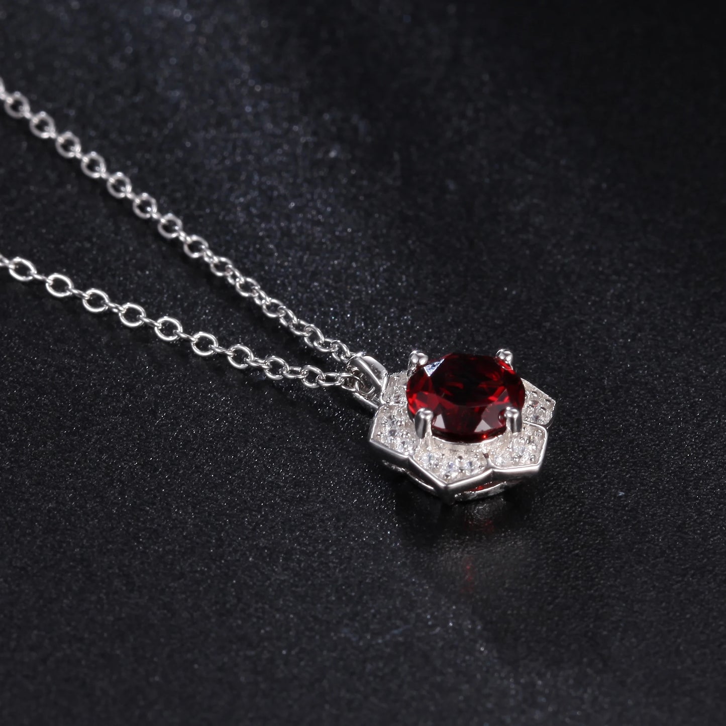 GEM'S BALLET Hexagon Gemstone Necklace 6mm Round Red Garnet Halo Solitaire 925 Sterling Silver - Style Savvy Collections