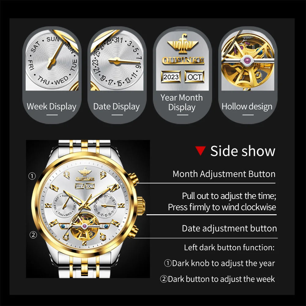 Genuine Mechanical Watch for Men Date Week Moon Phase Waterproof Automatic - Style Savvy Collections