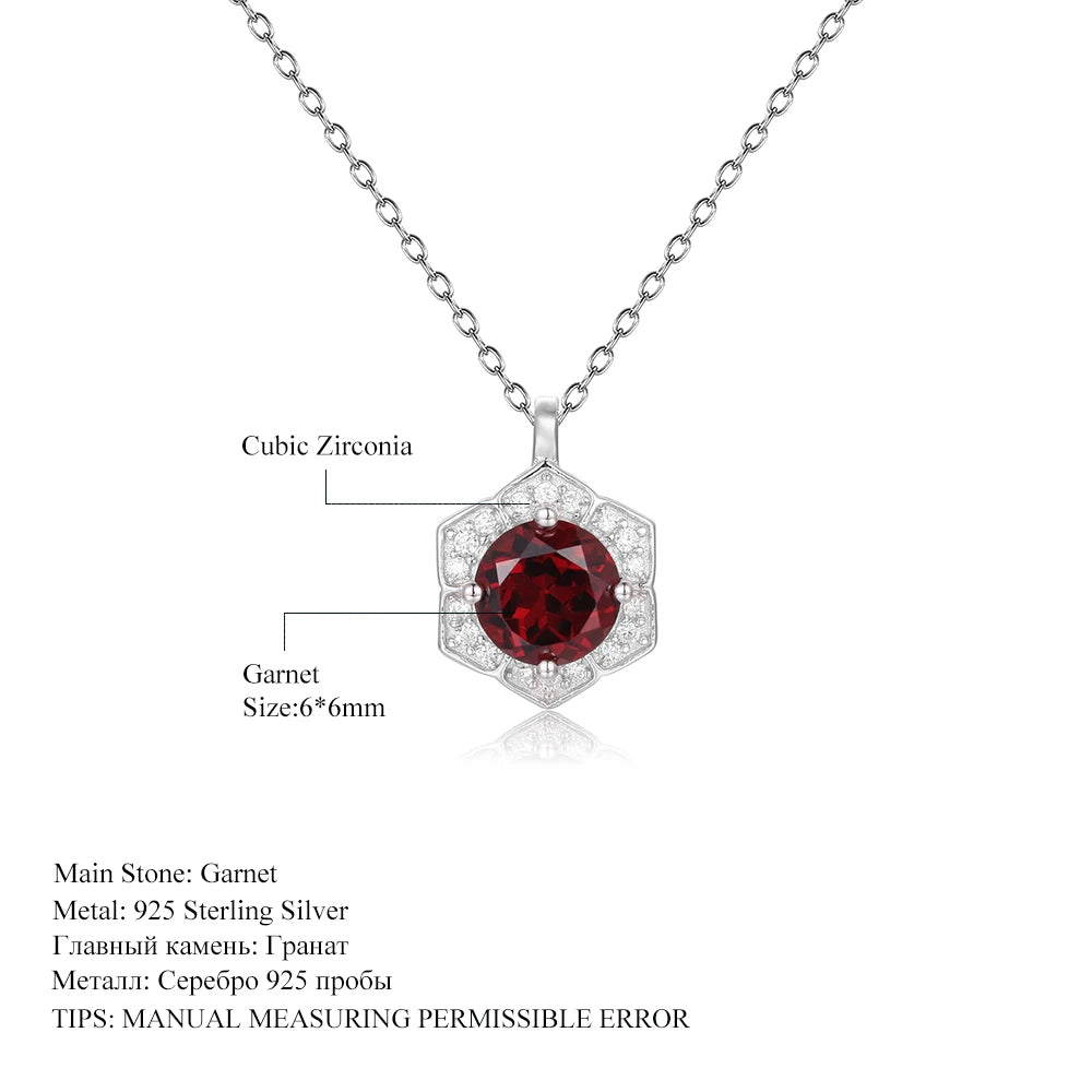 GEM'S BALLET Hexagon Gemstone Necklace 6mm Round Red Garnet Halo Solitaire 925 Sterling Silver - Style Savvy Collections