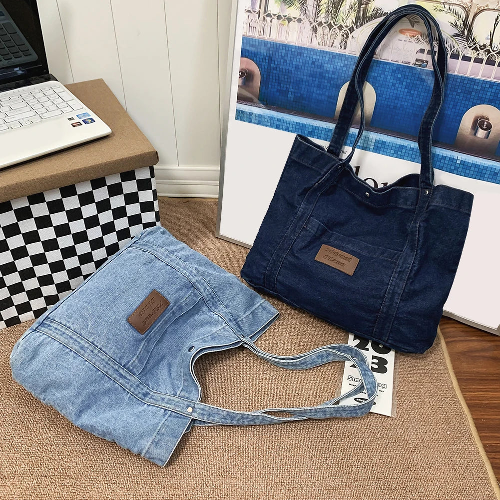 Women Vintage Tote Handbag Lightweight Denim Shoulder Bag