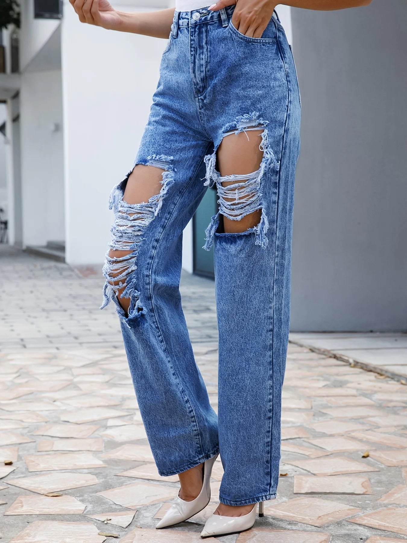 FIGOHR Ripped Straight Leg Loose Fit Jeans, High Rise Wide Legs Distressed Denim Pants - Style Savvy Collections