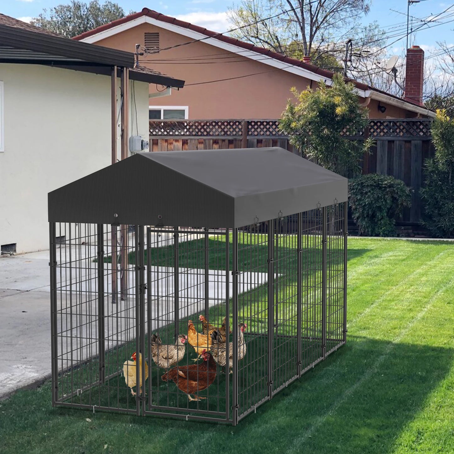 Large Dog Kennel Outdoor Dogs Welded Wire  Yard with Stakes WaterProof Cover Canopy