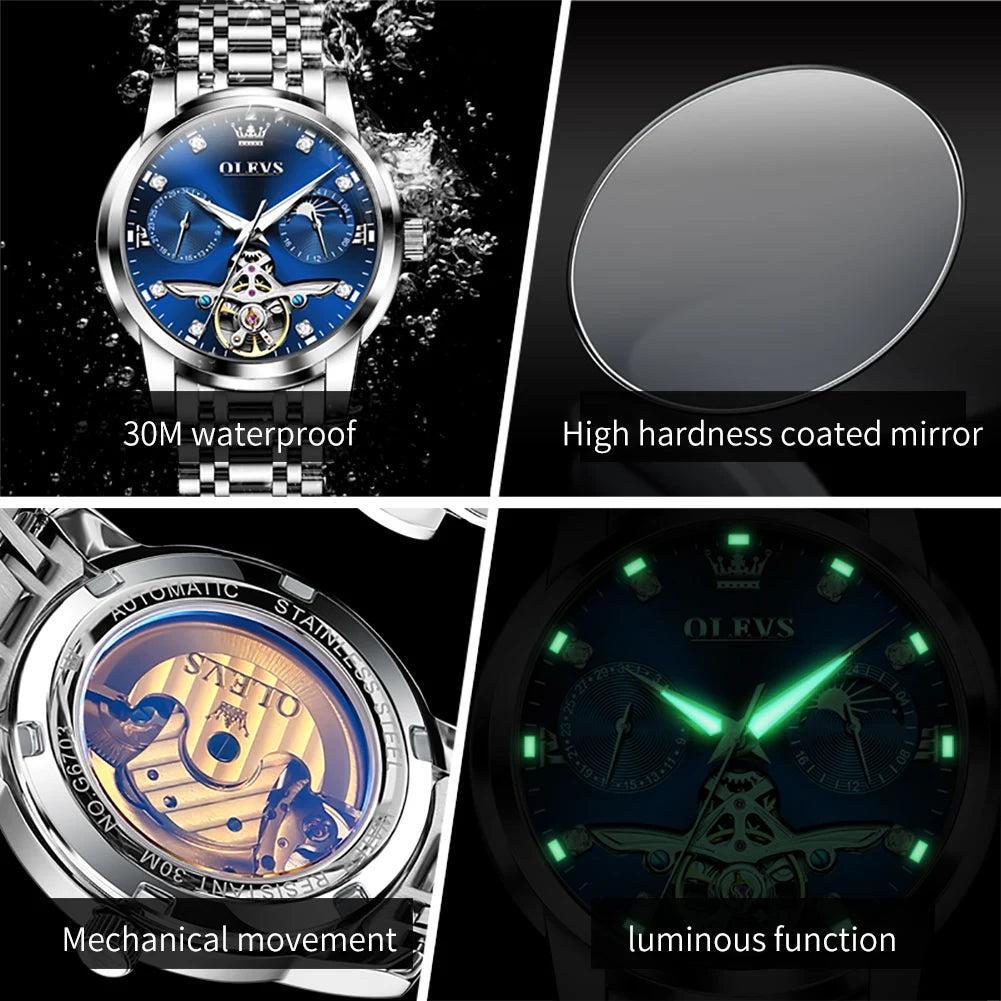 Men's Watch  Hollow flywheel Automatic Mechanical Watch Waterproof Luminous Moon Phase Date - Style Savvy Collections