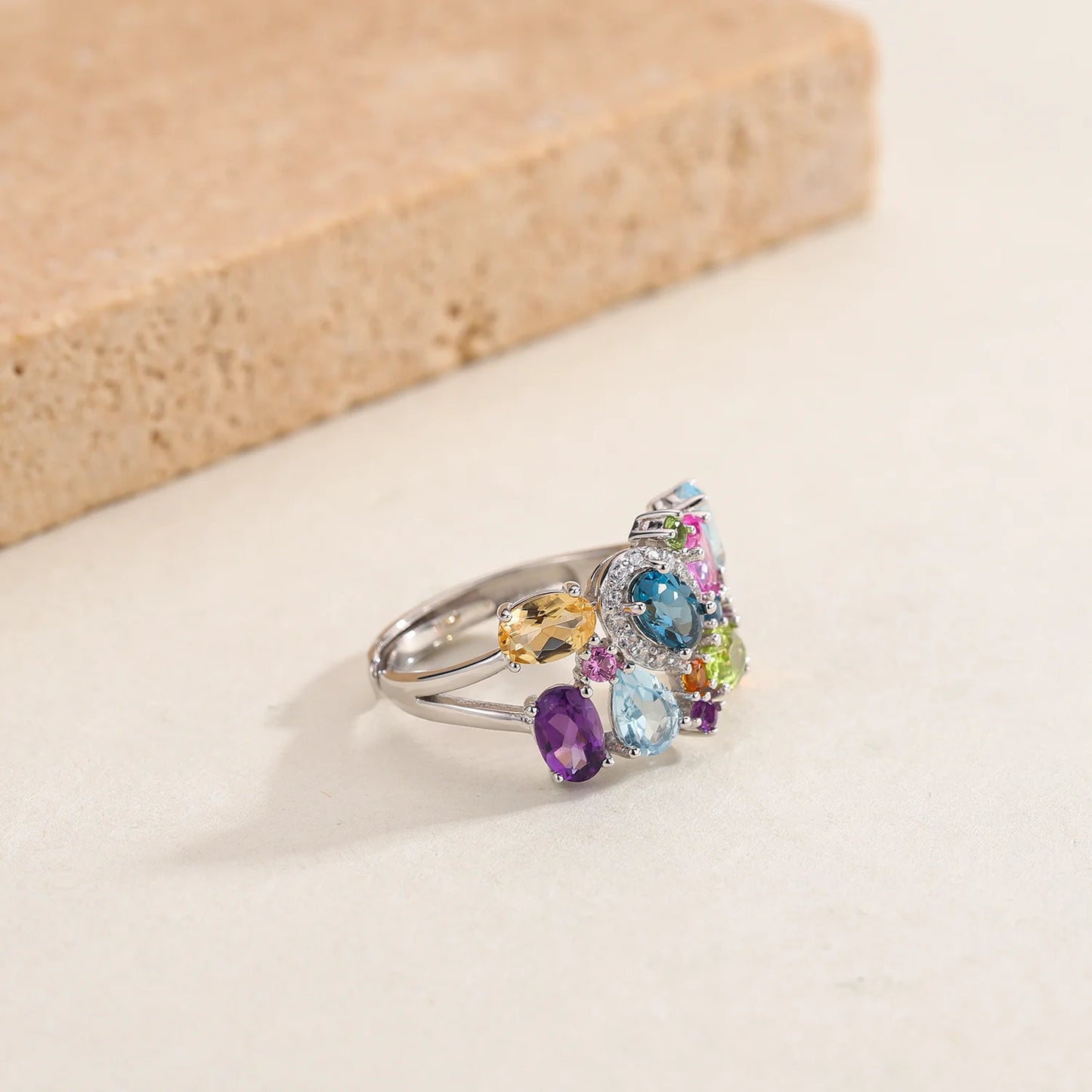 GEM'S BALLET Unique Handcrafted Multi-Gemstone Adjustable Ring, Natural, Citrine, Amethyst, Peridot, Topaz,  Sterling Silver - Style Savvy Collections