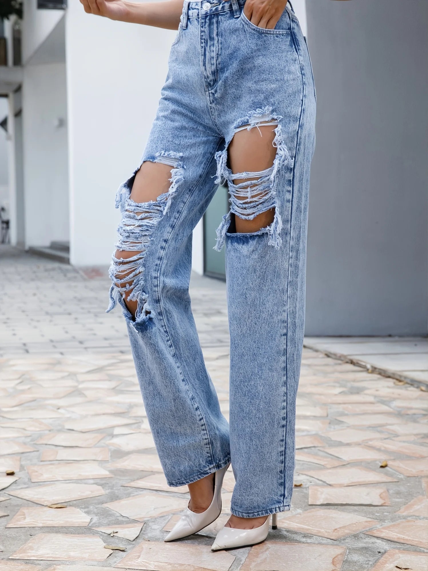 FIGOHR Ripped Straight Leg Loose Fit Jeans, High Rise Wide Legs Distressed Denim Pants - Style Savvy Collections