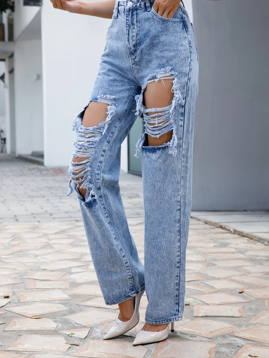 FIGOHR Ripped Straight Leg Loose Fit Jeans, High Rise Wide Legs Distressed Denim Pants - Style Savvy Collections