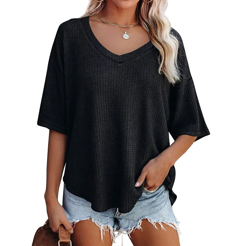 Ladies Tops bat sleeve T-Shirt V-Neck  Waffle Knit Loose Solid Color Short Sleeve - Style Savvy Collections