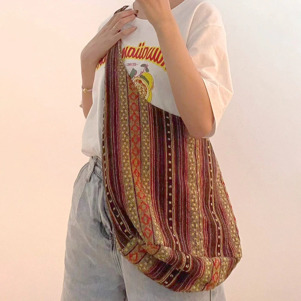 Lady Knitting & Canvas Gypsy Boho Chic Aztec Ethnic Sling Crossbody Tote Bag