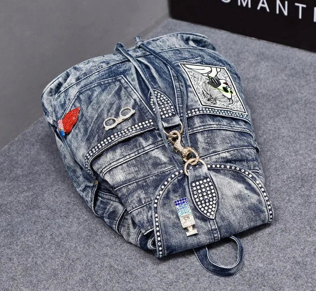 Fashion Denim Women Casual Backpack Large Capacity Jeans Shoulder Bag - Style Savvy Collections