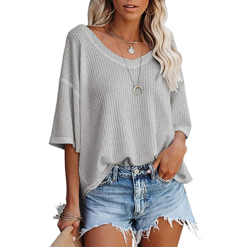 Ladies Tops bat sleeve T-Shirt V-Neck  Waffle Knit Loose Solid Color Short Sleeve - Style Savvy Collections