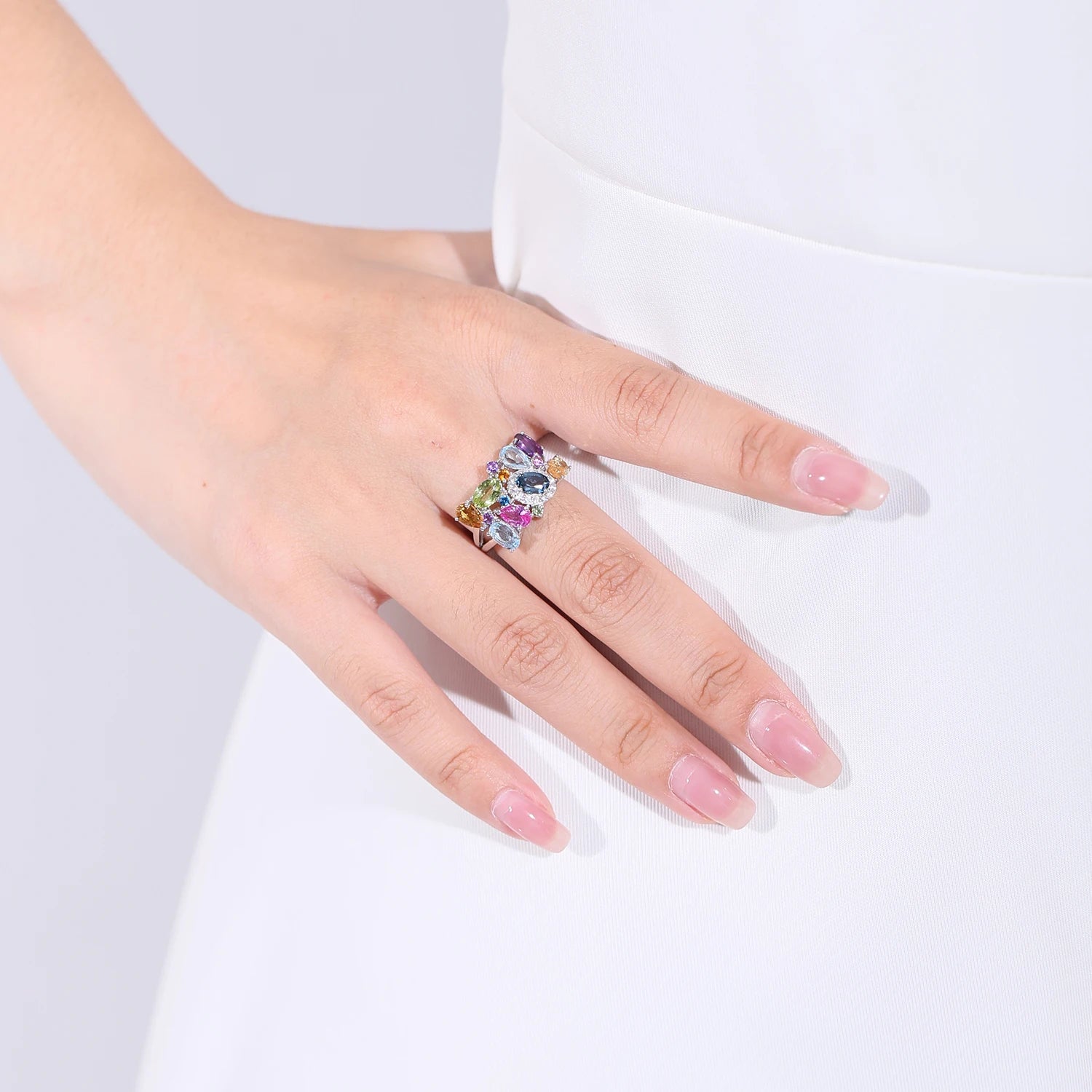 GEM'S BALLET Unique Handcrafted Multi-Gemstone Adjustable Ring, Natural, Citrine, Amethyst, Peridot, Topaz,  Sterling Silver - Style Savvy Collections