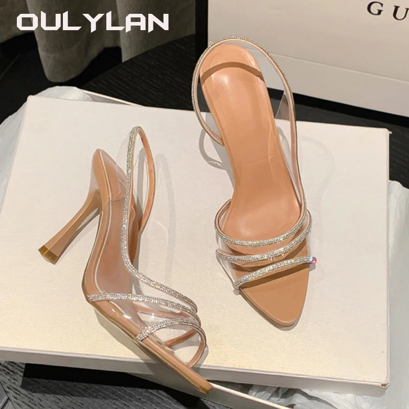 Oulylan Women Pumps Sandals Summer Slingback High Heels Rhinestones Elegant - Style Savvy Collections