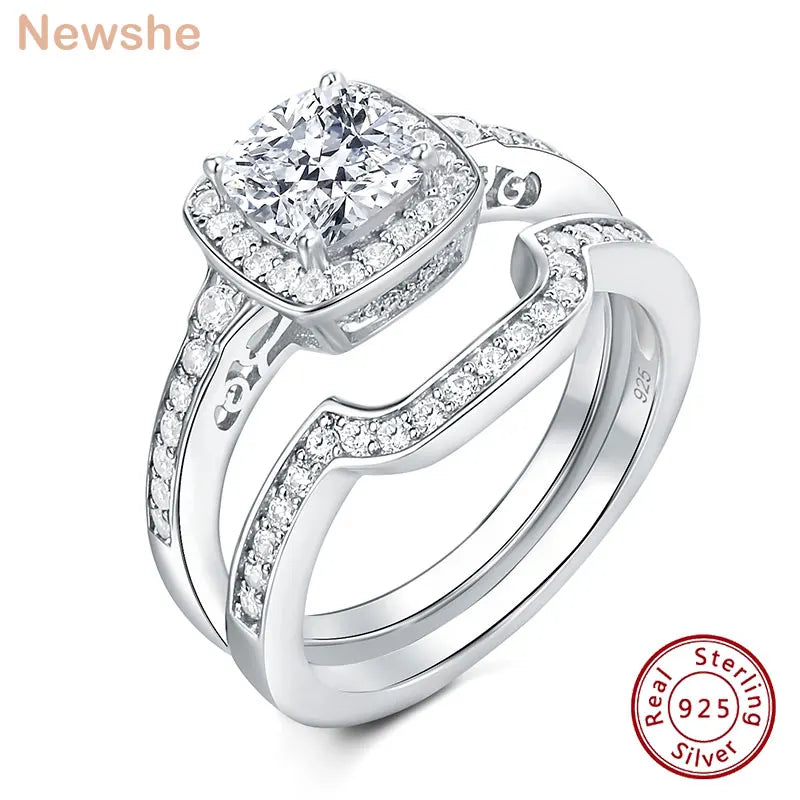 Newshe Original 925 Sterling Silver Wedding Rings Set for Women Cushion Cubic Zircon - Style Savvy Collections