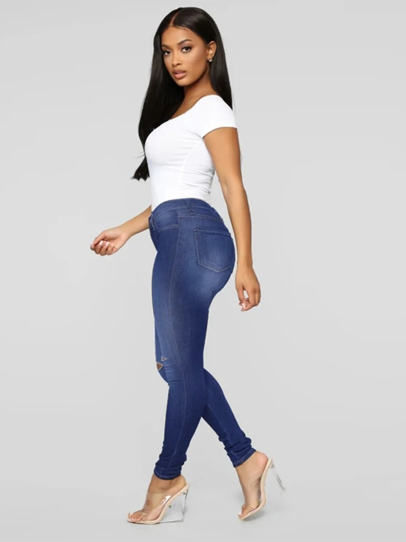 FIGOHR Stretchy High-Rise Pencil Jeans, Knee-Cut Ankle Length Skinny Jeans, - Style Savvy Collections