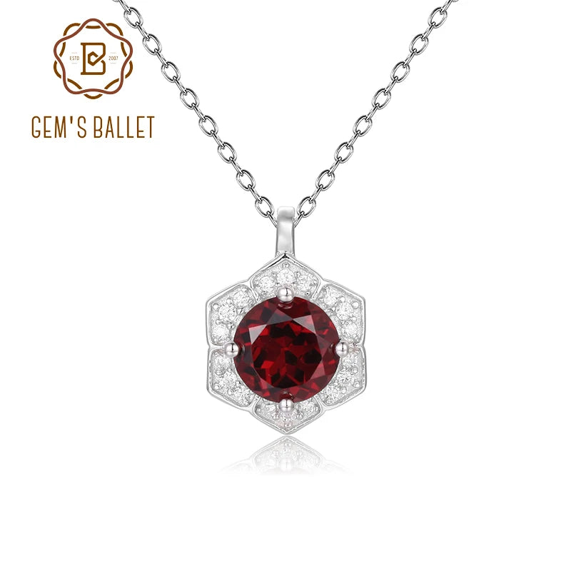 GEM'S BALLET Hexagon Gemstone Necklace 6mm Round Red Garnet Halo Solitaire 925 Sterling Silver - Style Savvy Collections