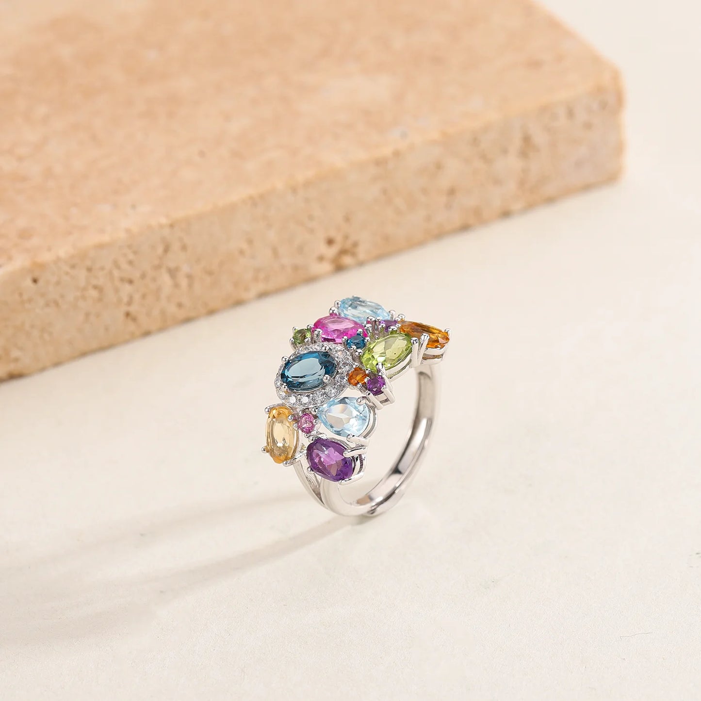 GEM'S BALLET Unique Handcrafted Multi-Gemstone Adjustable Ring, Natural, Citrine, Amethyst, Peridot, Topaz,  Sterling Silver - Style Savvy Collections