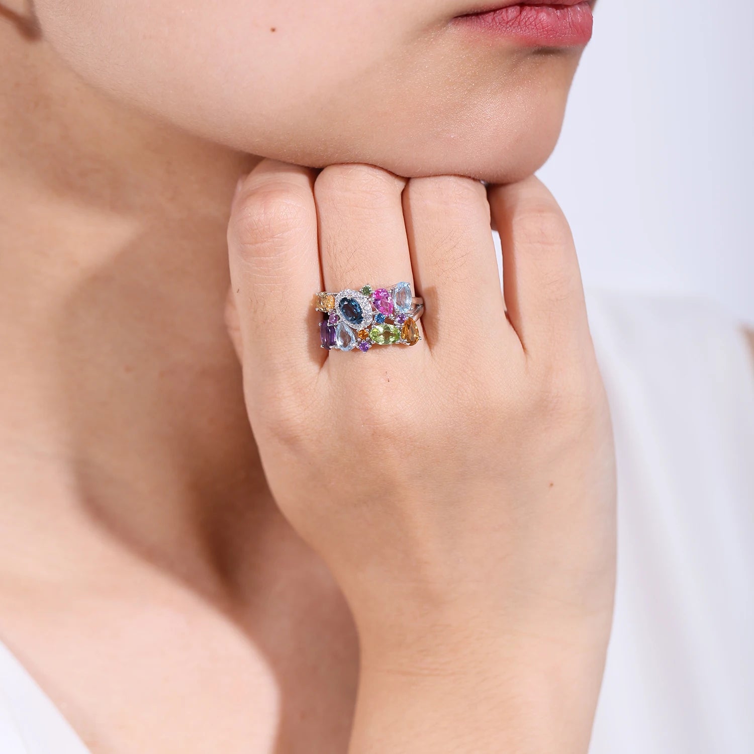 GEM'S BALLET Unique Handcrafted Multi-Gemstone Adjustable Ring, Natural, Citrine, Amethyst, Peridot, Topaz,  Sterling Silver - Style Savvy Collections